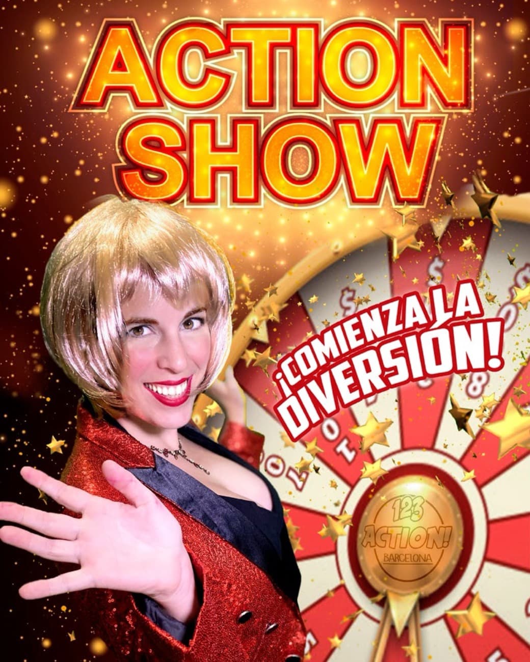 Action Show poster: host Antonella Mascarpone next to the prize wheel of the corporate TV game show in Barcelona