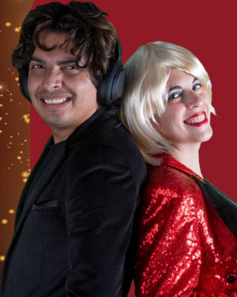 Action Show hosts Antonella Mascarpone and producer Johnny, corporate TV game show in Barcelona